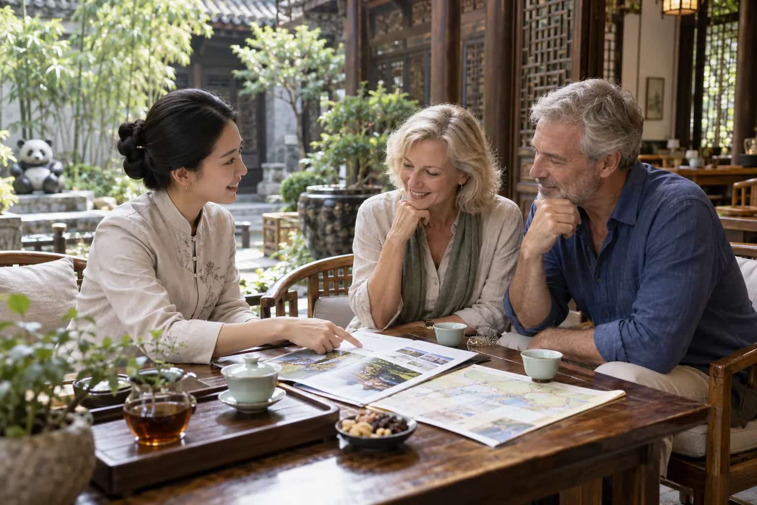 中国旅行顾问与国际客户讨论行程