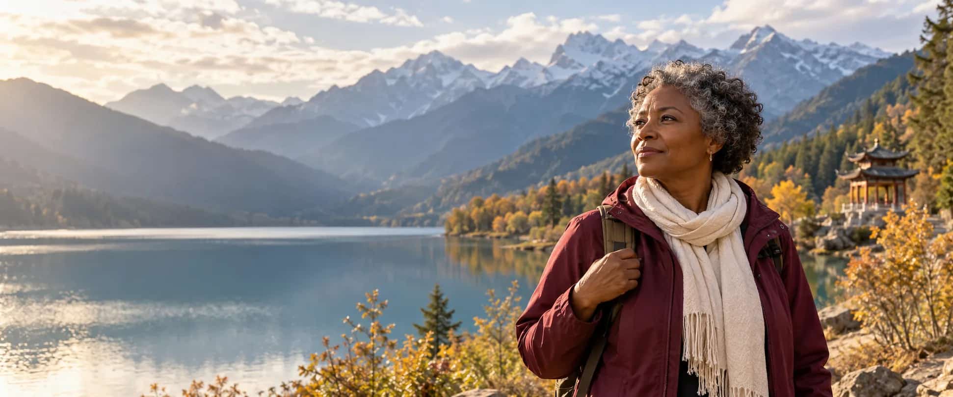 美国黑人女性在川西山湖旅行的场景示意